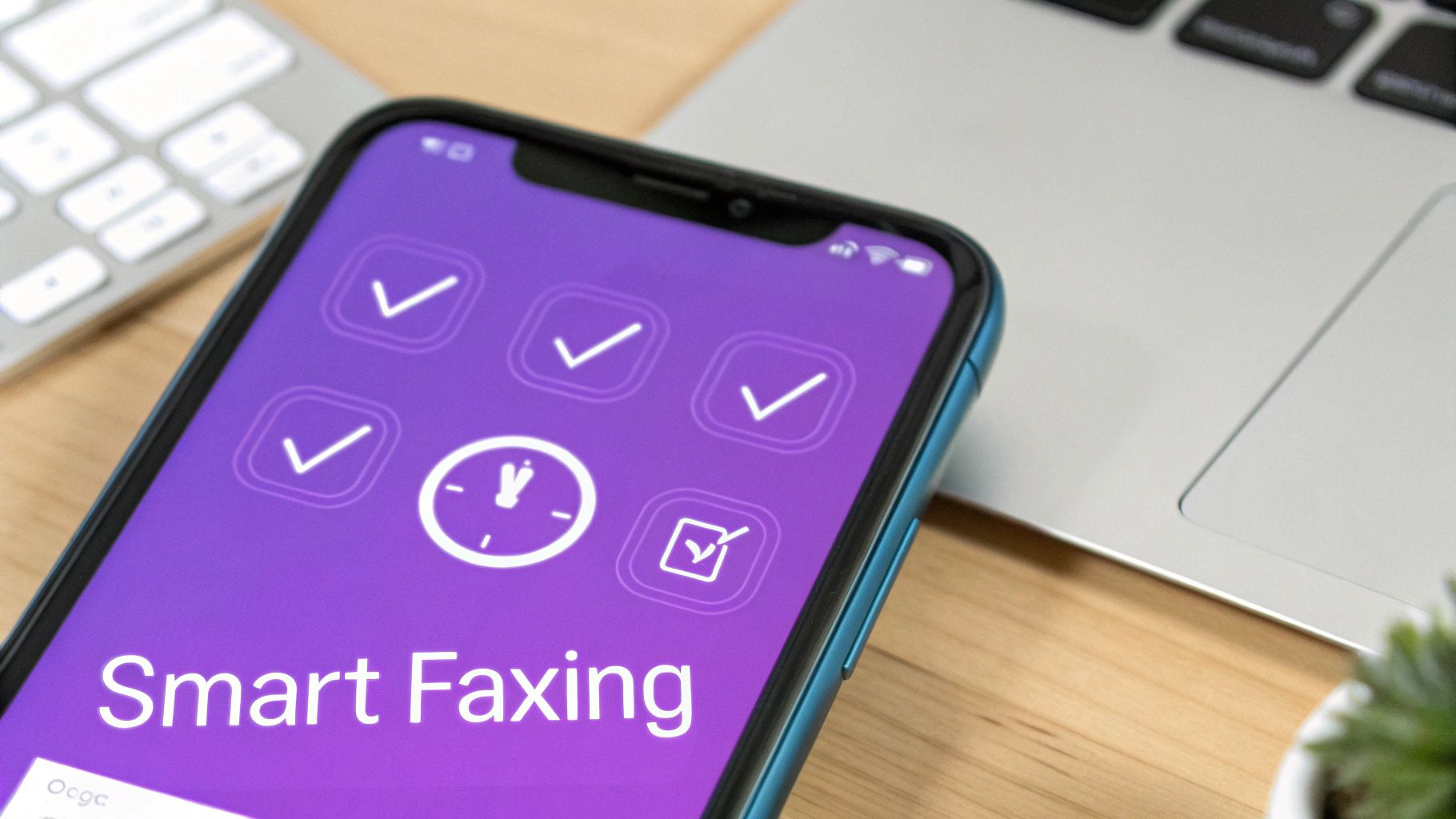 A smartphone displaying 'Smart Faxing' with checkmark icons, next to a laptop on a wooden desk.