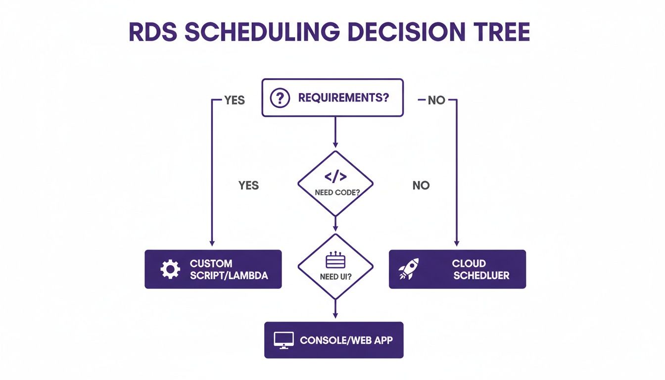 Decision tree diagram for RDS scheduling, showing paths based ></p>
<p>The real benefit of a no-code solution isn't just about convenience; it’s about avoiding the hidden costs of maintaining complex, custom-built tools. There are no Lambda functions to update when a runtime is deprecated, no IAM policies to constantly audit, and no CloudFormation drift to troubleshoot. The platform handles all the underlying automation, freeing up your valuable engineering time to build products, not maintain infrastructure. This shift toward simplicity allows organizations to achieve powerful cost-saving results with significantly less overhead.</p>
<h2 id=