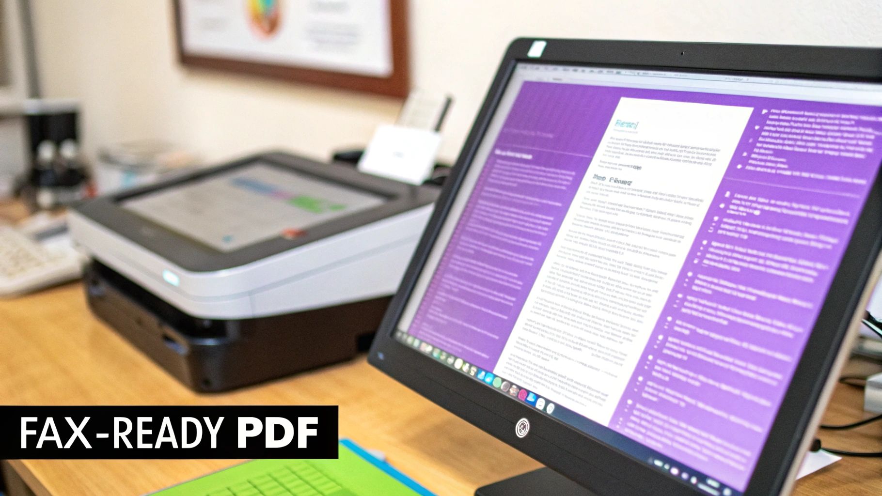 A computer monitor displays a fax-ready PDF document, with a printer/scanner in the background.