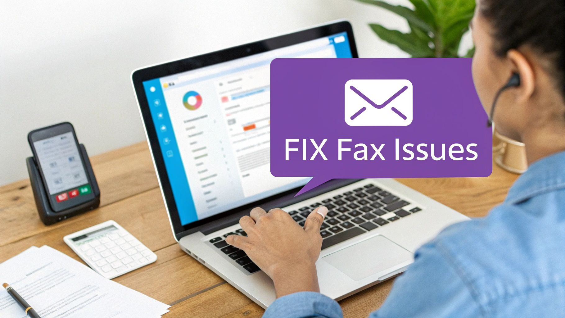 Person using a laptop with a 'FIX Fax Issues' overlay, phone, and documents on a desk.