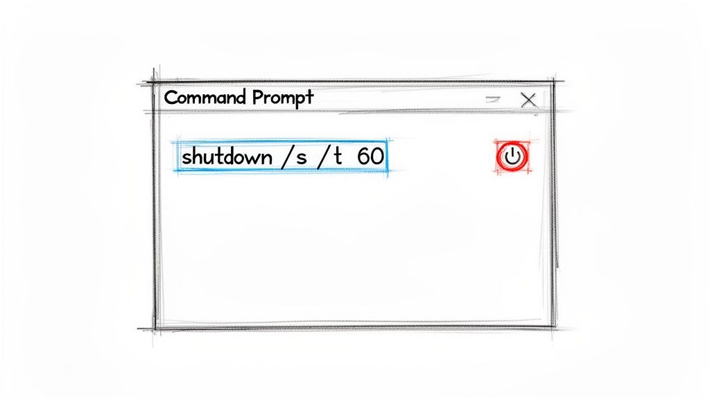 A sketch of a Command Prompt window showing the 'shutdown /s /t 60' command and a power icon.