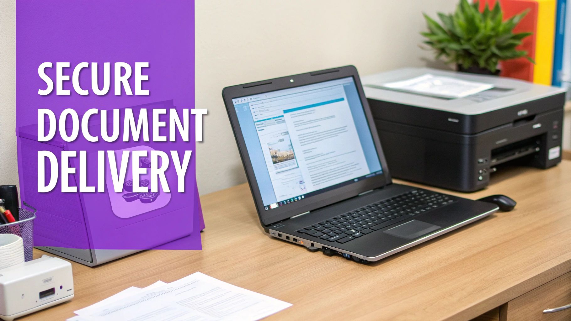 Office desk with a laptop, printer, and documents, highlighting secure document delivery services.