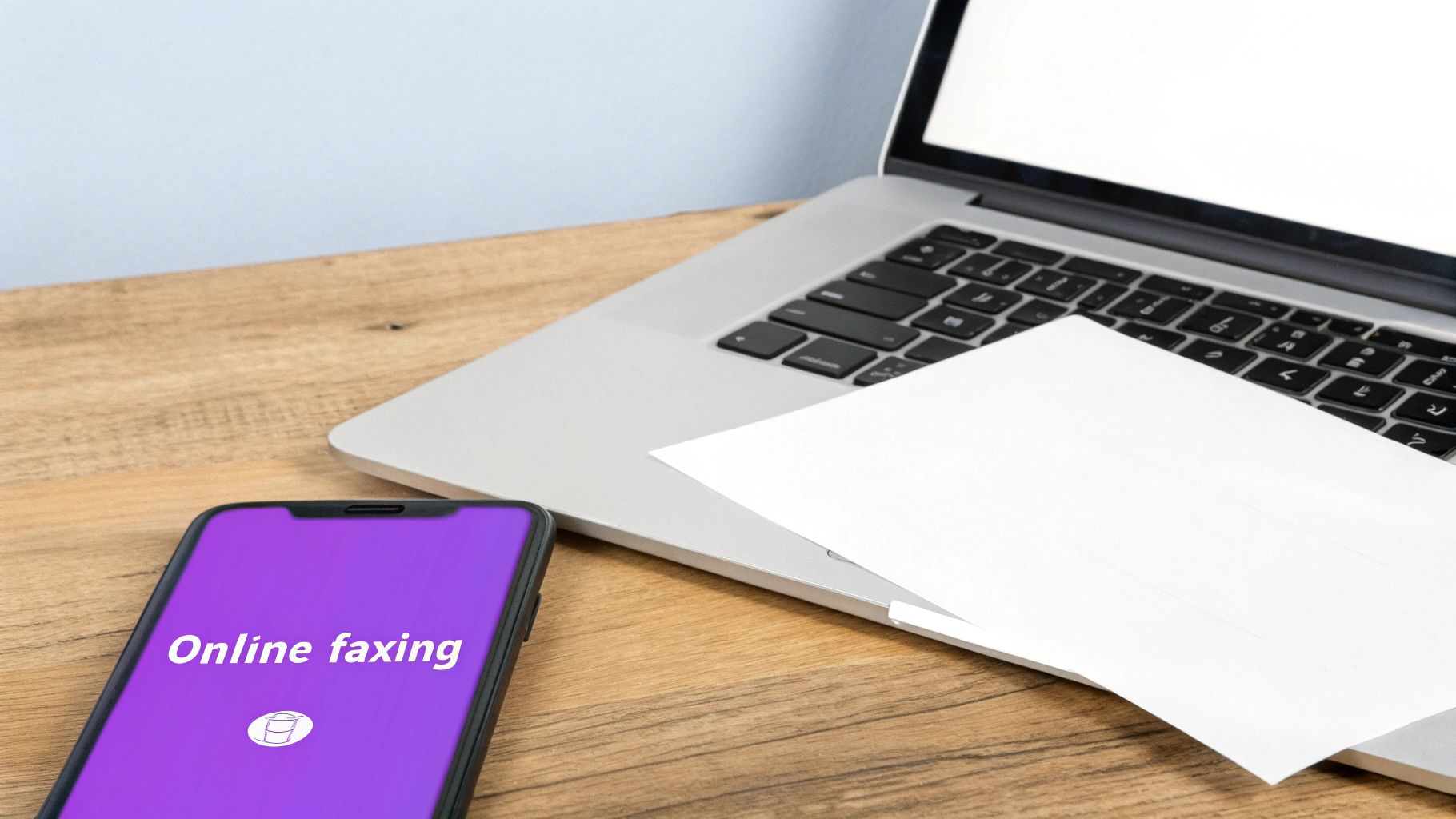 A smartphone displaying 'Online faxing' and a laptop with white paper on a wooden desk.