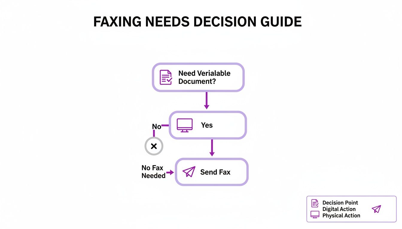 A flowchart titled 'Faxing Needs Decision Guide' outlines the process for determining if a fax is required.