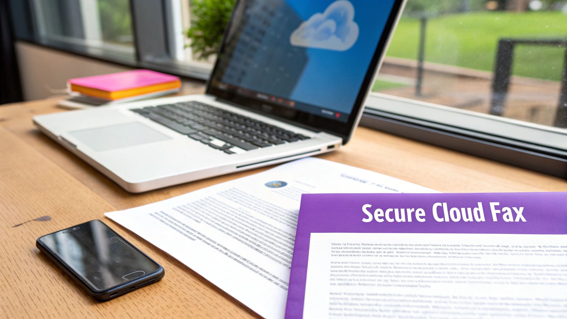 A modern desk setup with a laptop showing a cloud icon, a smartphone, and documents, one titled 'Secure Cloud Fax'.