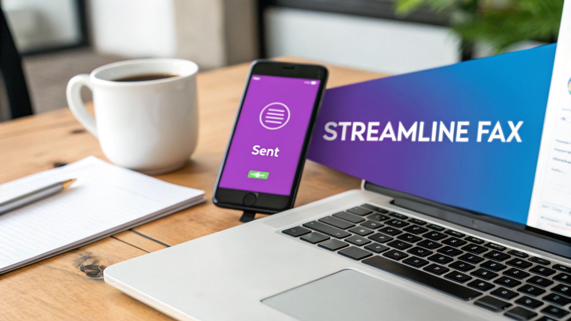 A workspace with a coffee mug, notebook, smartphone displaying 'Sent,' and laptop showing 'STREAMLINE FAX.'