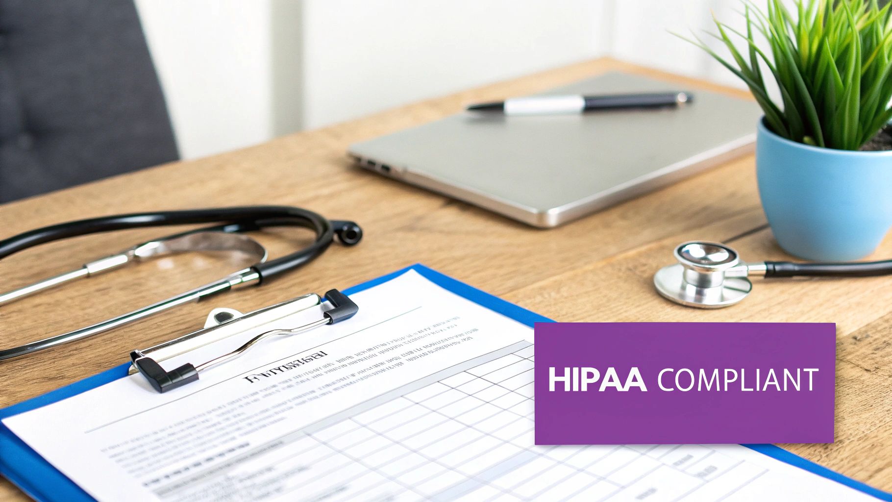 A medical office desk with stethoscopes, patient forms, a laptop, and a "HIPAA COMPLIANT" sign.
