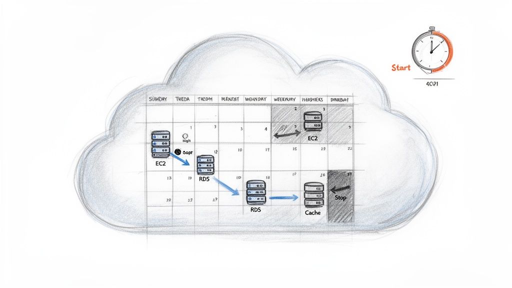 A cloud calendar visualizes AWS EC2, RDS, and Cache resource management for cost optimization over time.