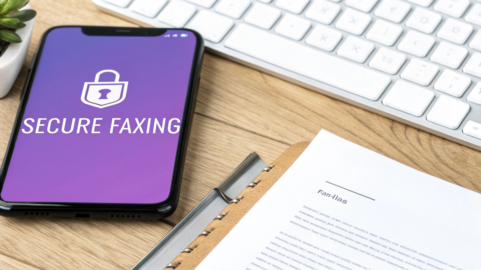 A smartphone displaying 'SECURE FAXING' with a lock icon on a wooden desk, alongside a keyboard and documents.