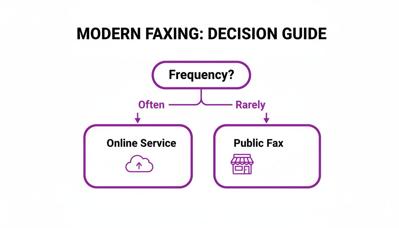 A decision guide flowchart for modern faxing, choosing between online service or public fax based on frequency of use.