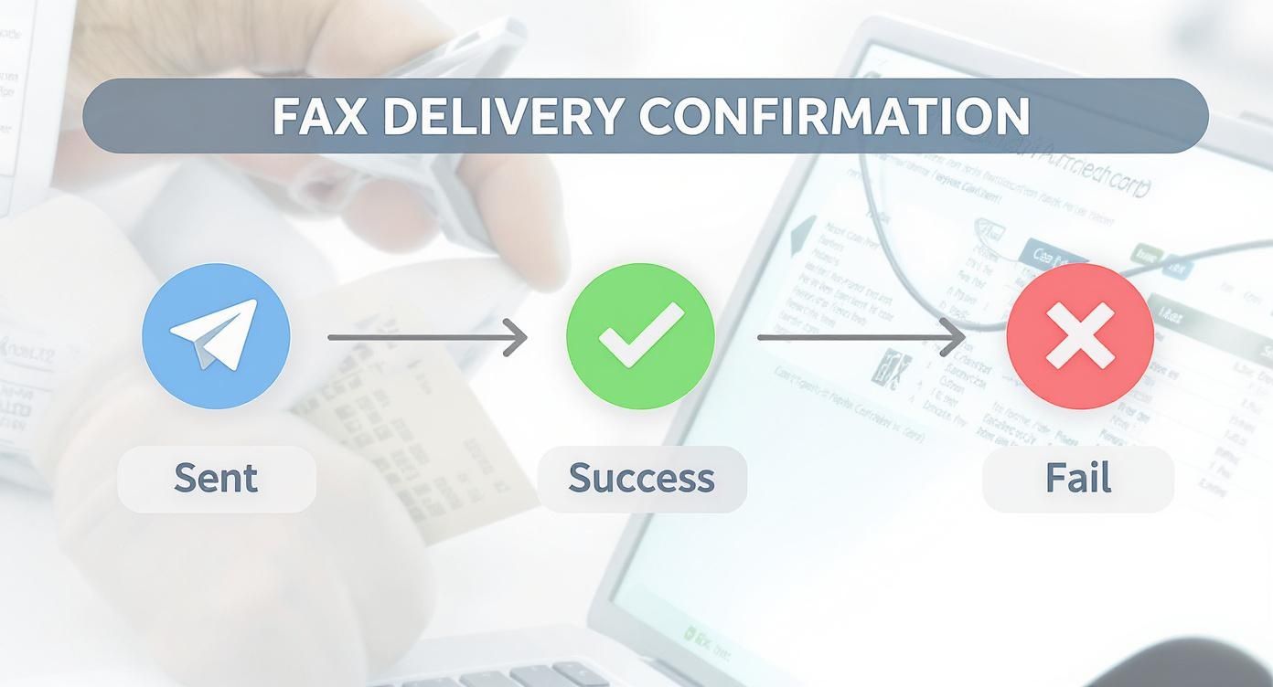 A diagram illustrating the fax delivery confirmation process: Sent, Success (checkmark), or Fail (red X).
