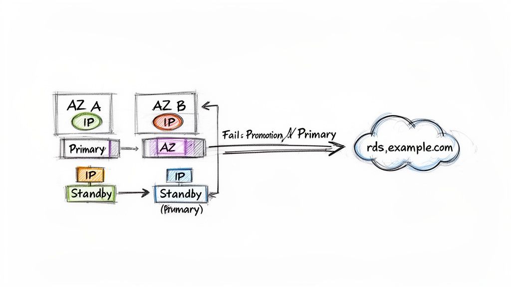 Architecture diagram illustrating RDS multi-AZ failover, displaying IP changes and standby promotion.