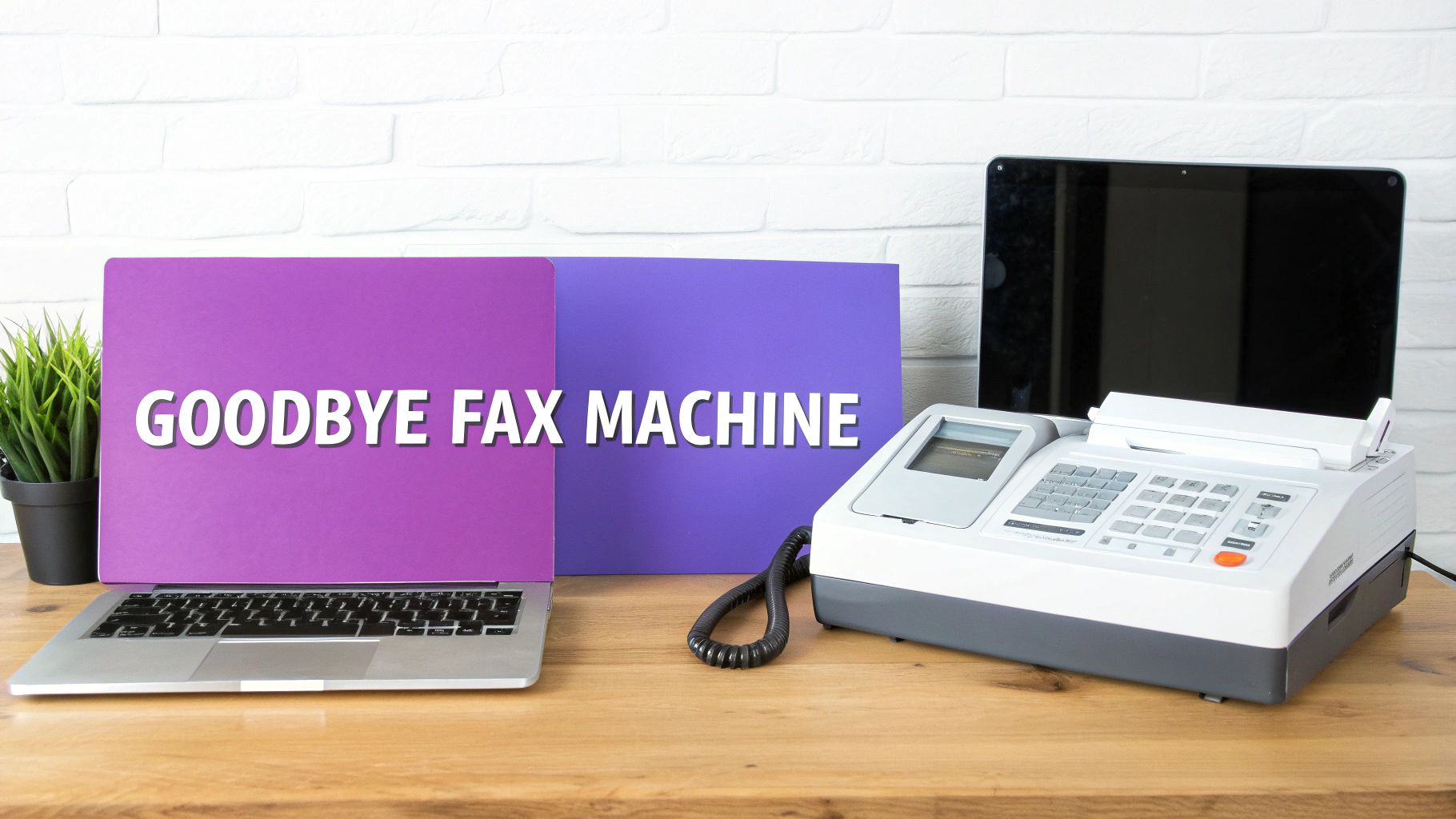 A desk with a laptop, a 'GOODBYE FAX MACHINE' sign, a traditional fax machine, and a tablet.