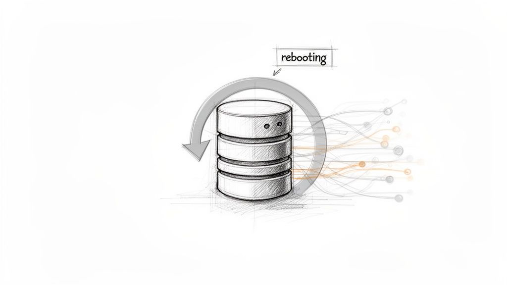 A sketch illustrating a database server with a 'rebooting' label and a circular arrow, depicting a restart process.