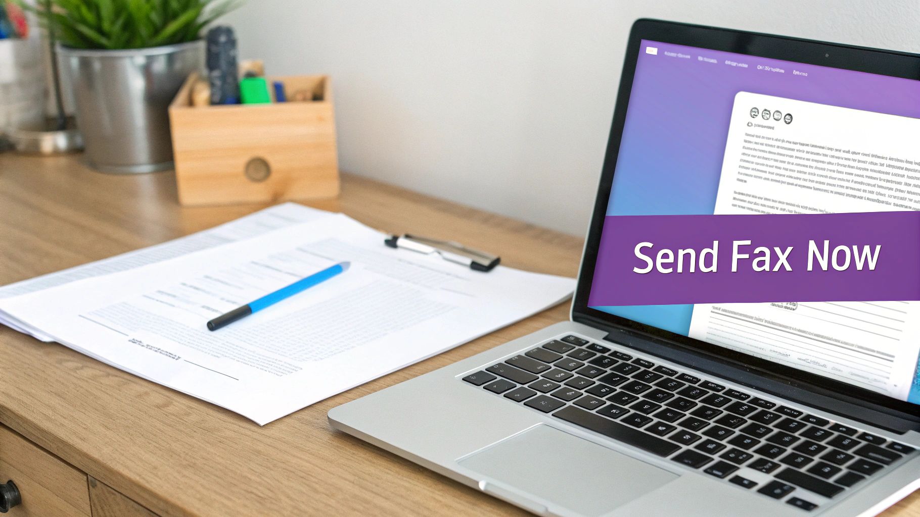 A laptop displaying "Send Fax Now" on its screen, placed on a wooden desk with documents and a pen.
