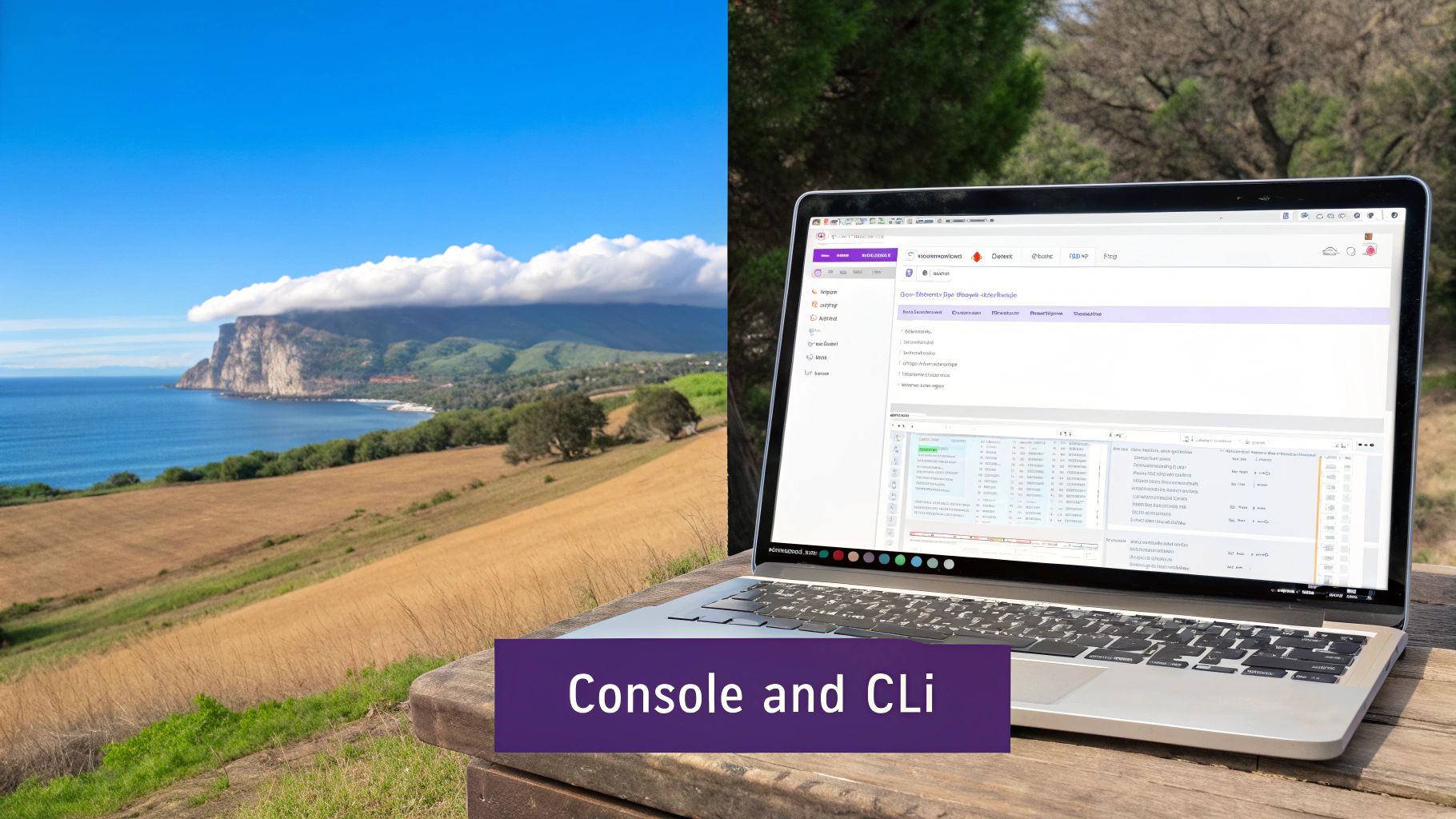 A laptop displaying a console and CLI interface outdoors, overlooking a scenic coastal landscape with cliffs and a blue sea.