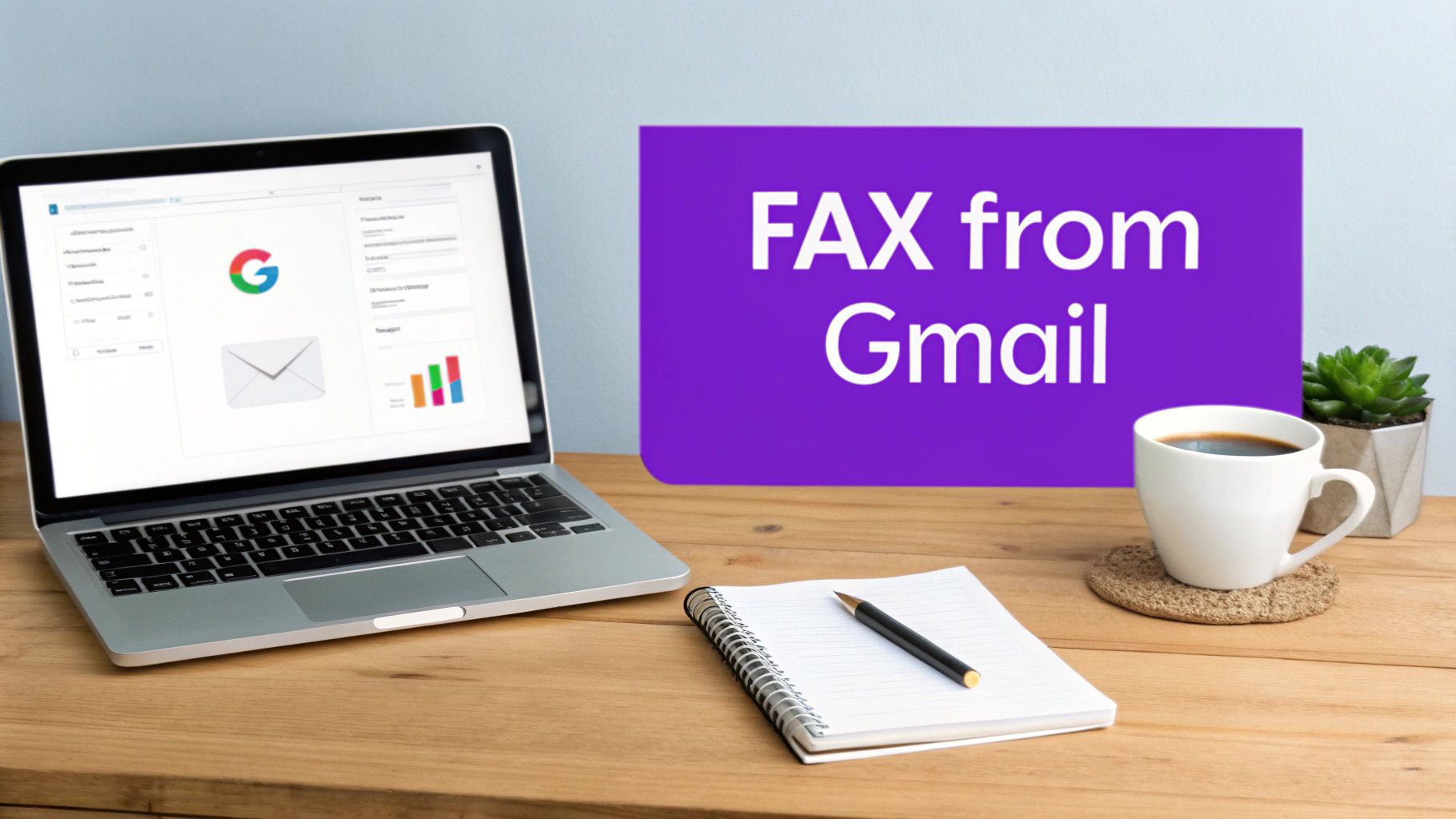 An illustration showing a laptop with the Gmail interface connected to a classic fax machine with a document coming out.