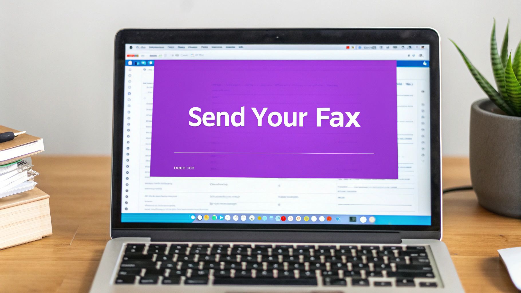 A laptop on a wooden desk displaying a purple screen with 'Send Your Fax' written.