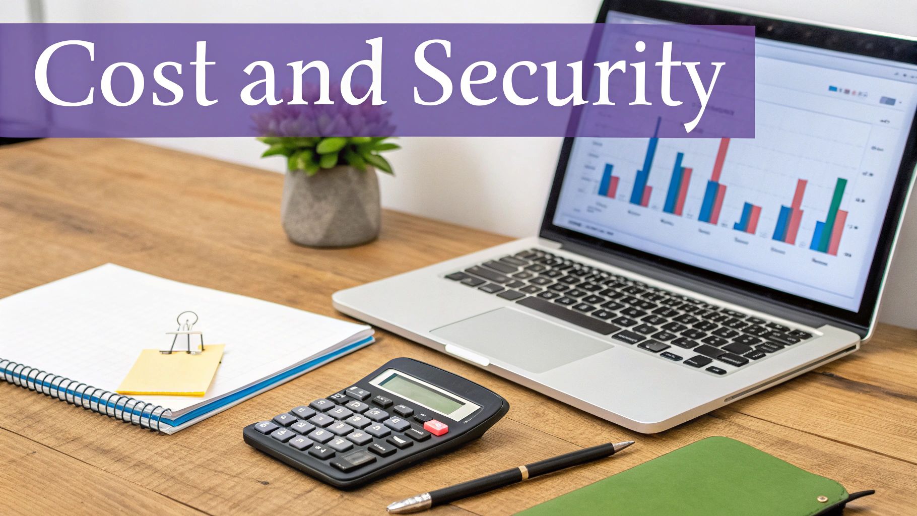 A modern office desk setup with a laptop showing cost analysis charts, a calculator, and stationery, with 'Cost and Security' text.