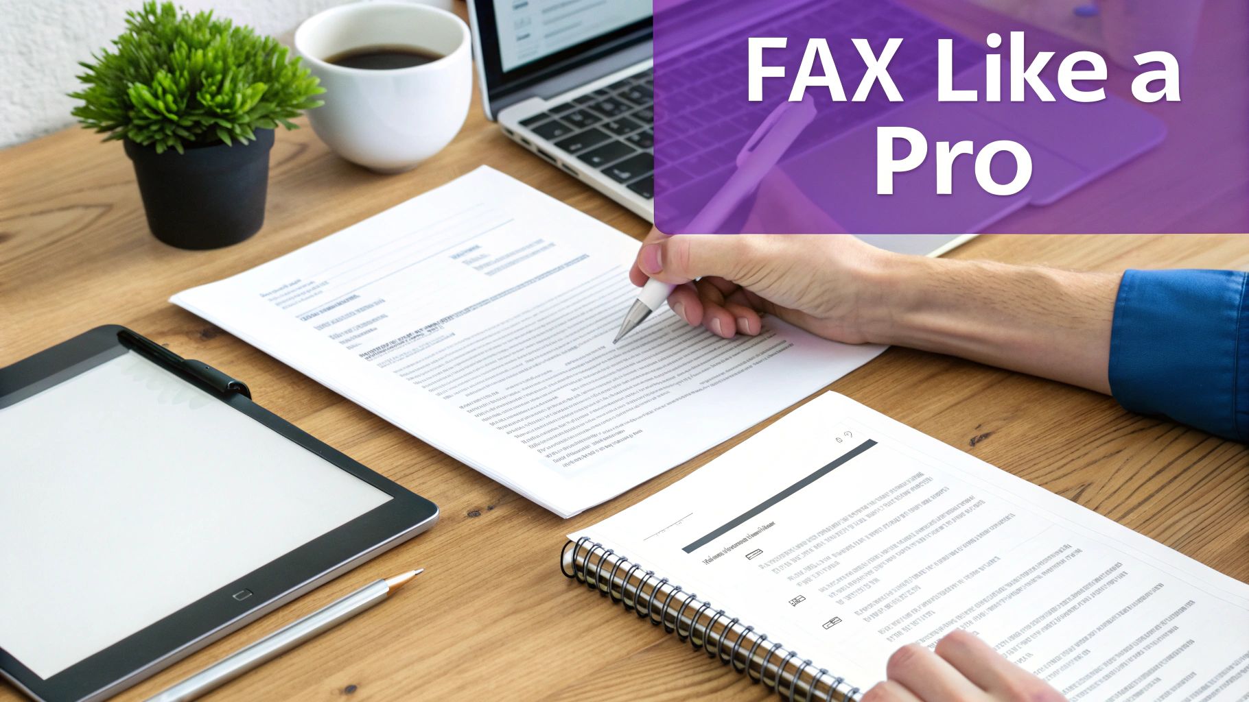 Professional workspace showing hands reviewing documents with laptop, coffee, and plant for online fax services