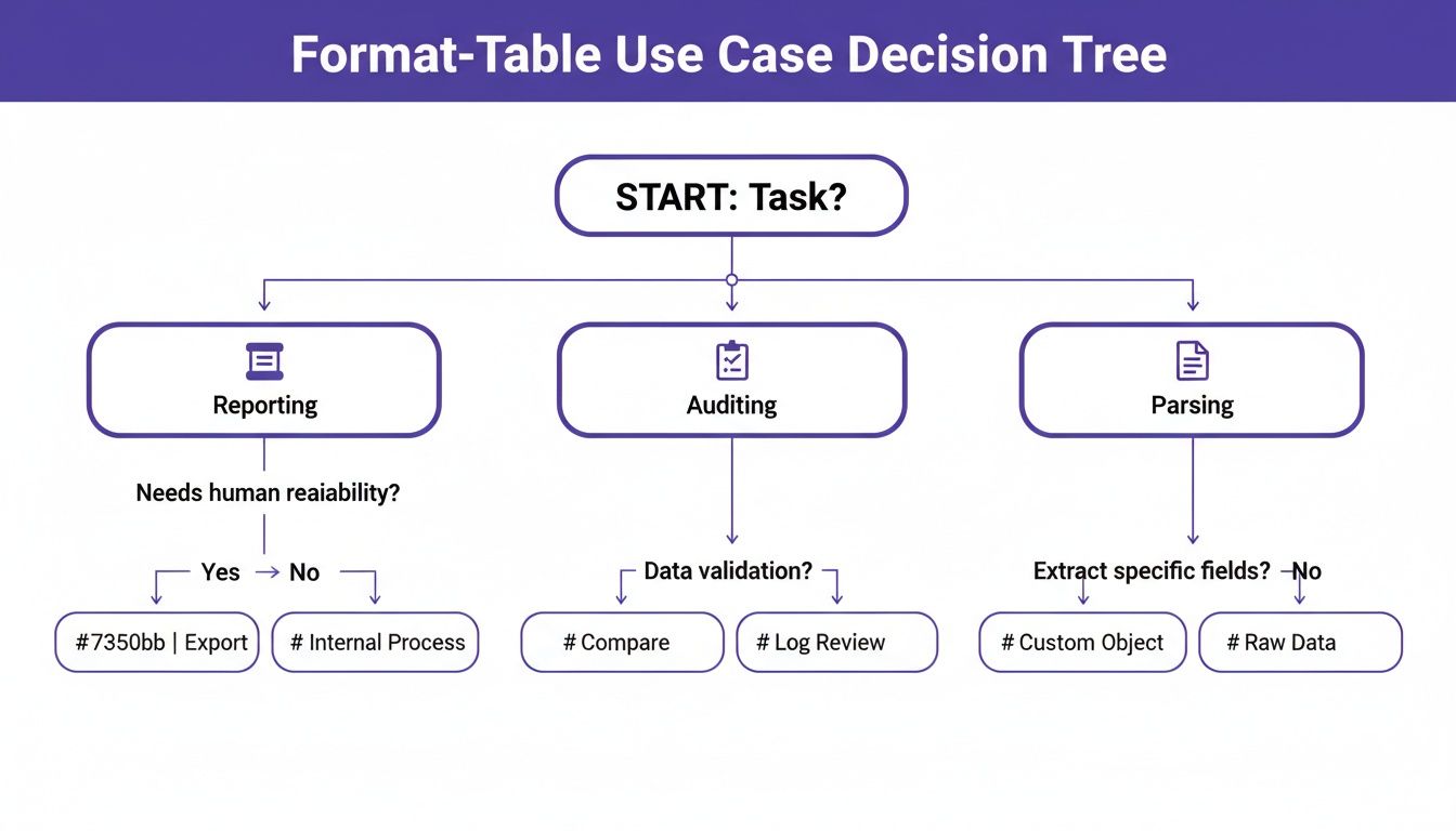 A decision tree flow chart for Format-Table use cases, illustrating choices for reporting, auditing, and parsing.