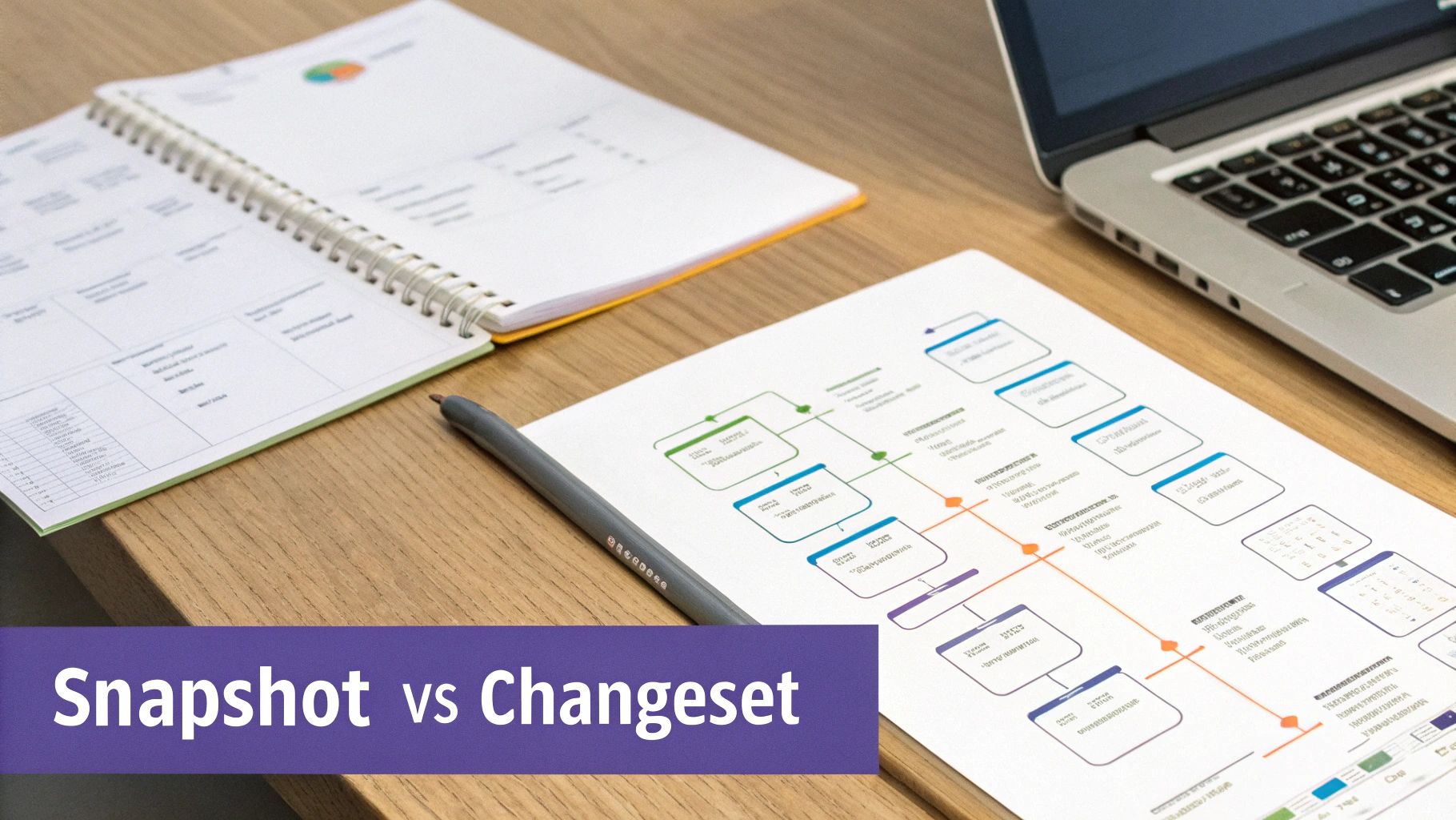 A desk with a laptop, notebook, pen, and a printed flowchart illustrating 'Snapshot vs Changeset'.