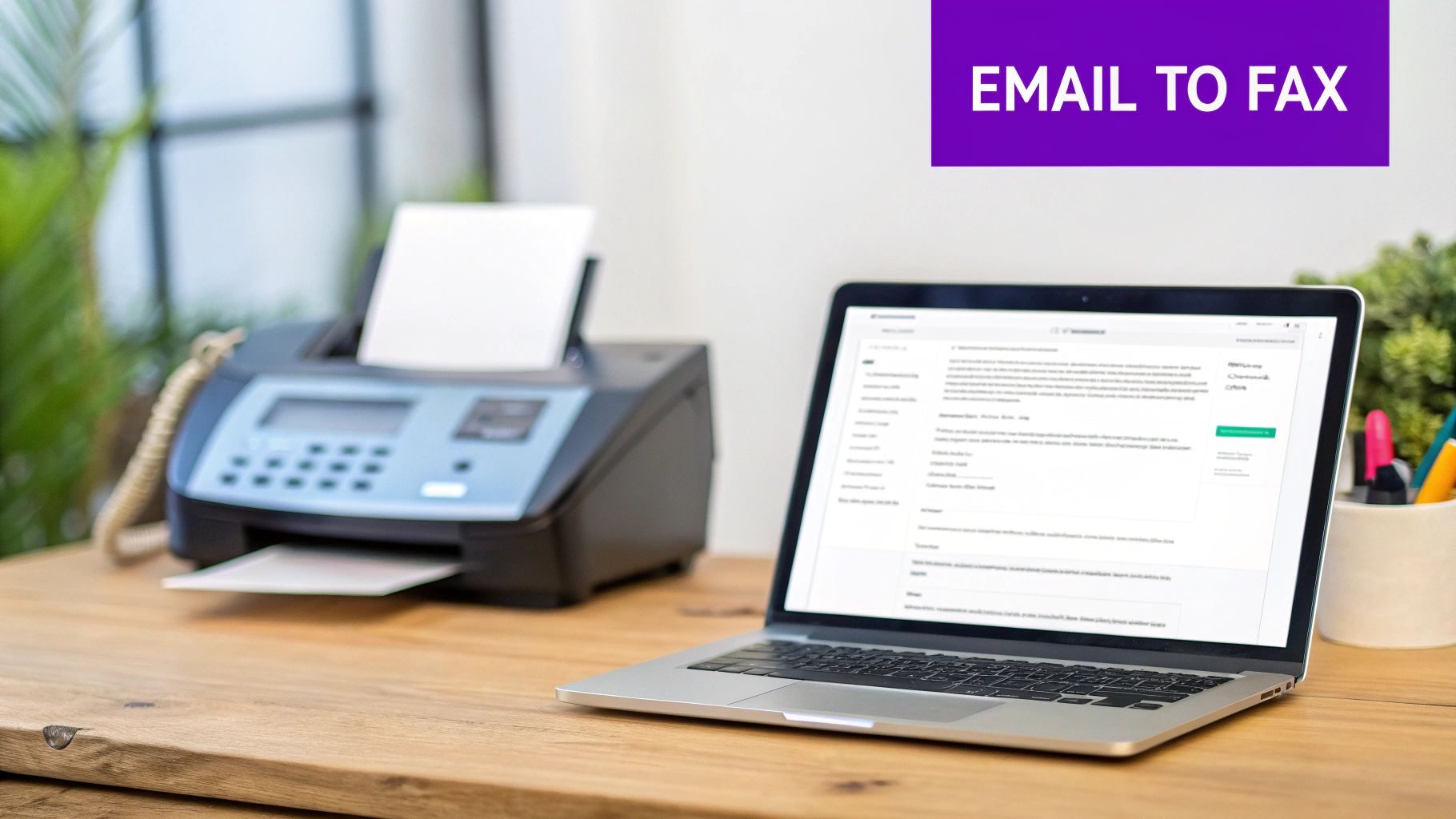 A person sending a document from their laptop, symbolizing the ease of sending a fax via email.