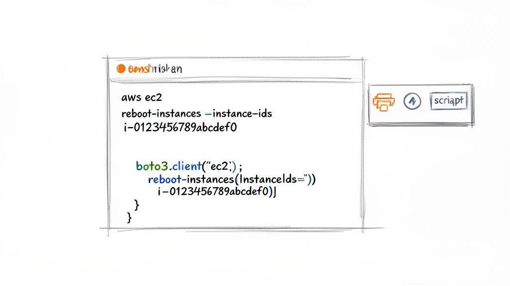 A code editor displays AWS CLI and Boto3 Python code snippets for rebooting an EC2 instance.