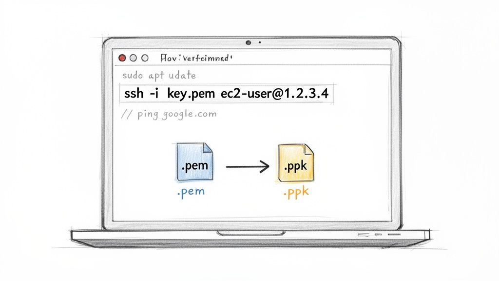 A drawing of a laptop screen displaying SSH commands and the conversion process from a .pem key file to a .ppk file.
