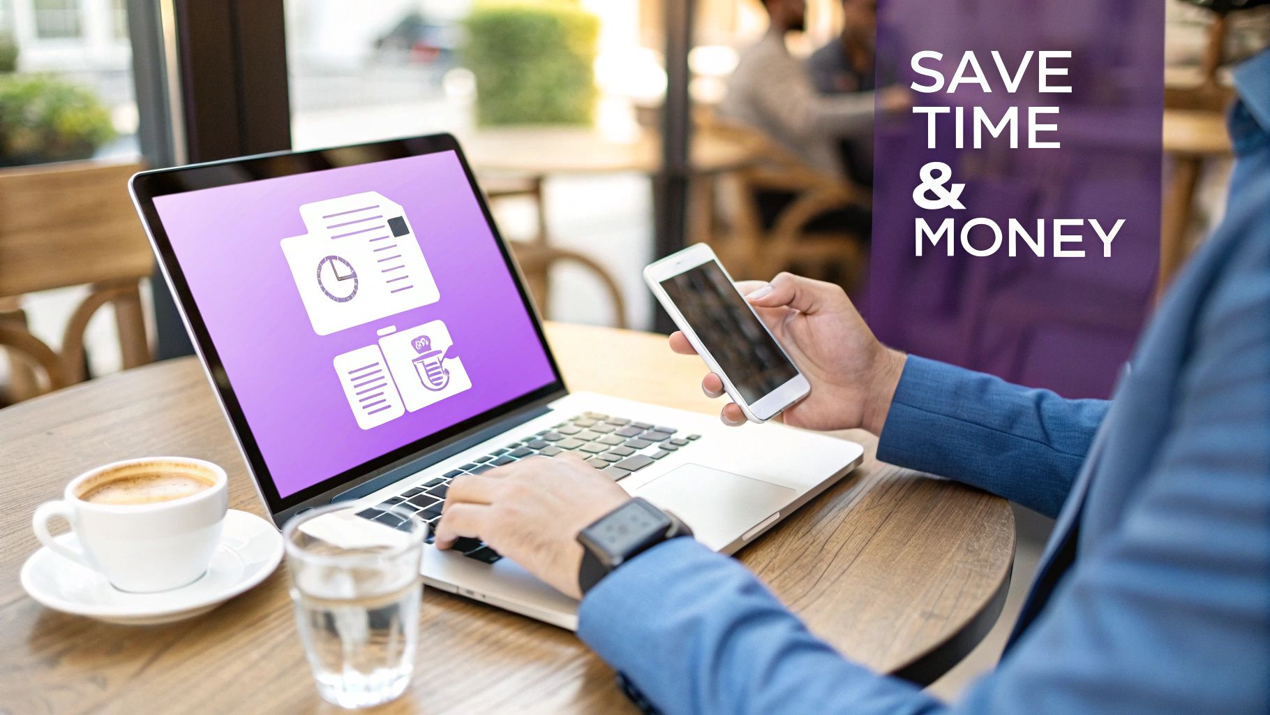 Person working on a laptop and smartphone at a cafe, with 'Save Time & Money' text.