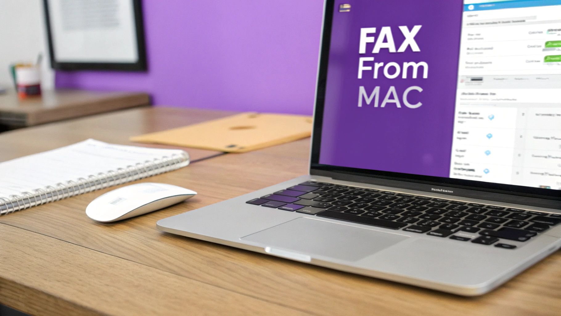A MacBook Pro displays 'FAX From MAC' on its screen, alongside a mouse and notebook on a wooden desk.