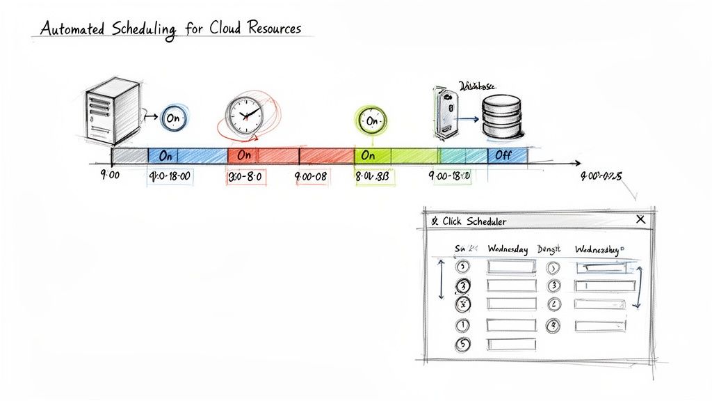 Diagram illustrating automated scheduling of cloud resources ></p>
<p>While you could build a custom solution with Lambda scripts, a dedicated tool like Server Scheduler makes the process effortless. Its visual, point-and-click interface empowers anyone to create and manage schedules in minutes without writing code. This not only slashes your cloud bill but also frees up engineering resources to focus on building products. Our guide on creating an <a href=