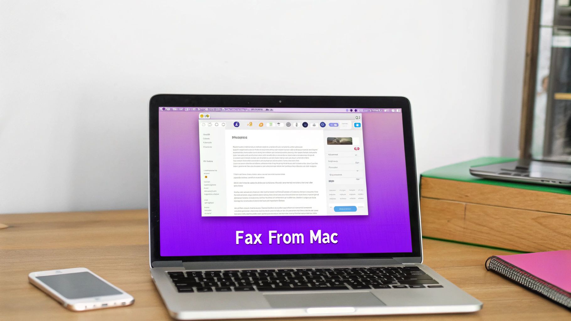 A MacBook displaying 'Fax From Mac' on a desk, next to a smartphone and a pink notebook.