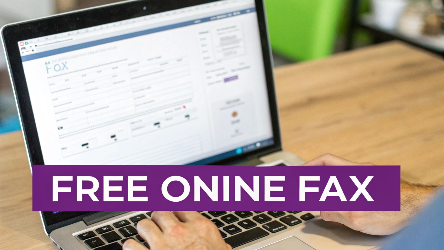 Person using laptop to send free online fax from computer at wooden desk