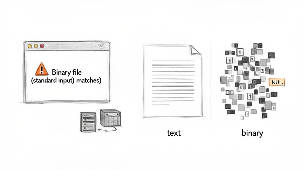 Diagram showing a warning for binary file matches, a text document, and binary data with 0s and 1s.