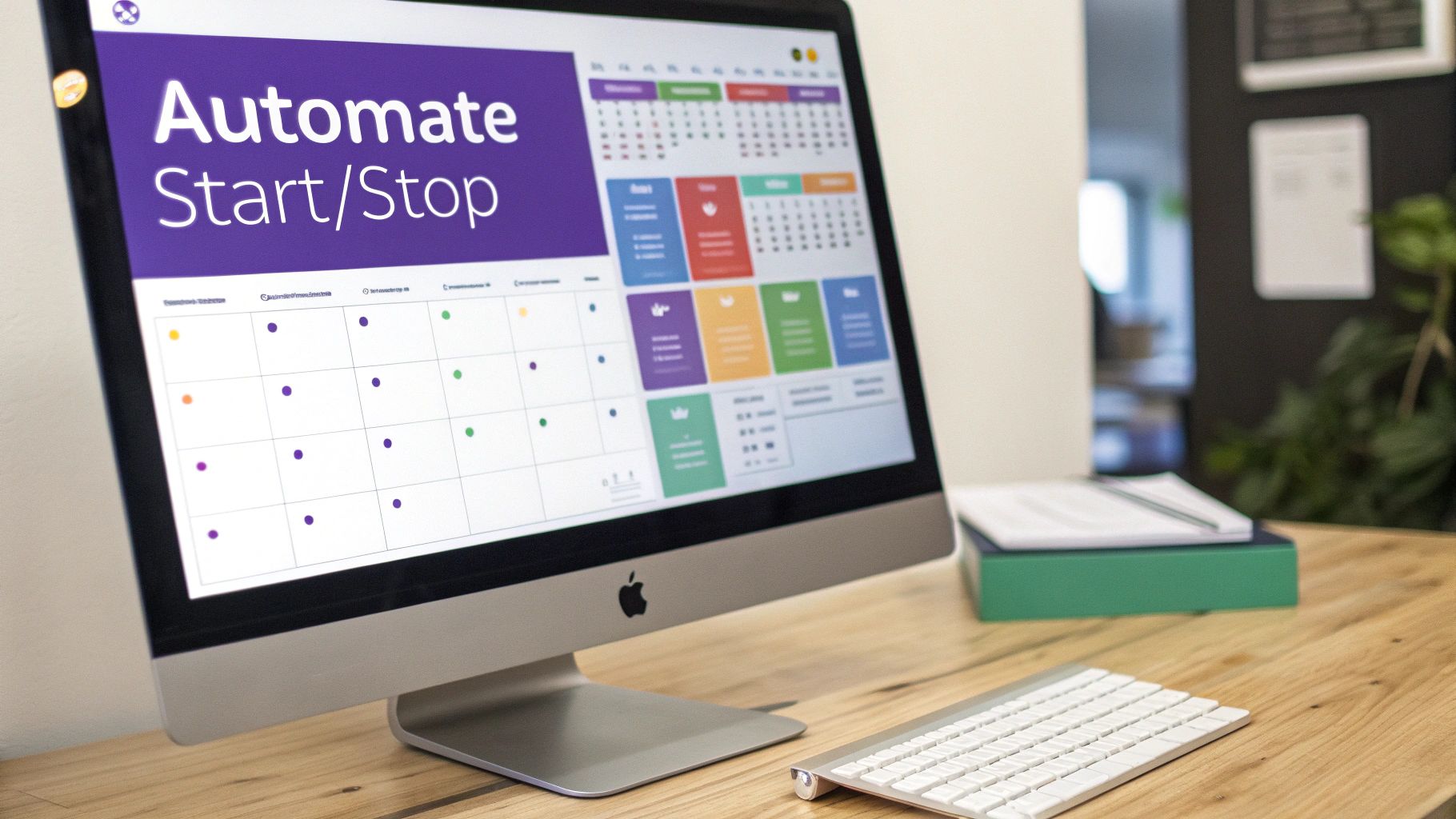 An Apple iMac displays a 'Automate Start/Stop' screen with a colorful calendar interface ></p>
<h2 id=