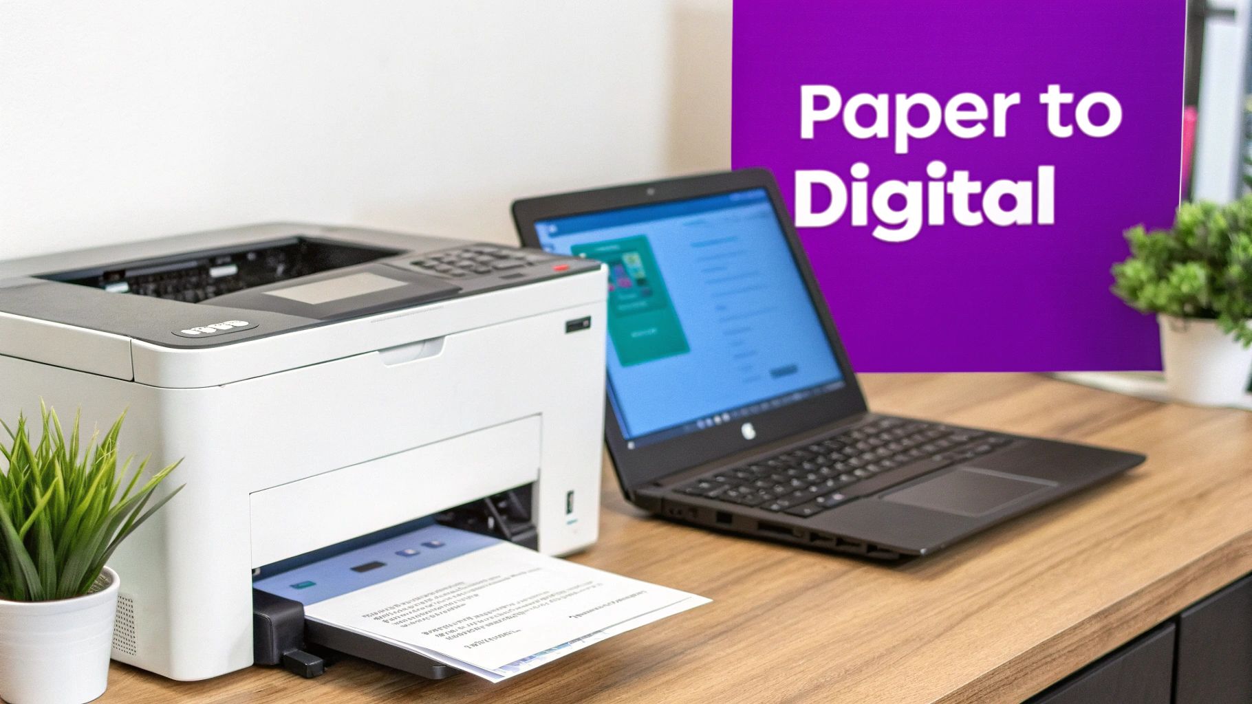 A white printer scanning a document next to a laptop on a wooden desk with plants and a "Paper to Digital" banner.