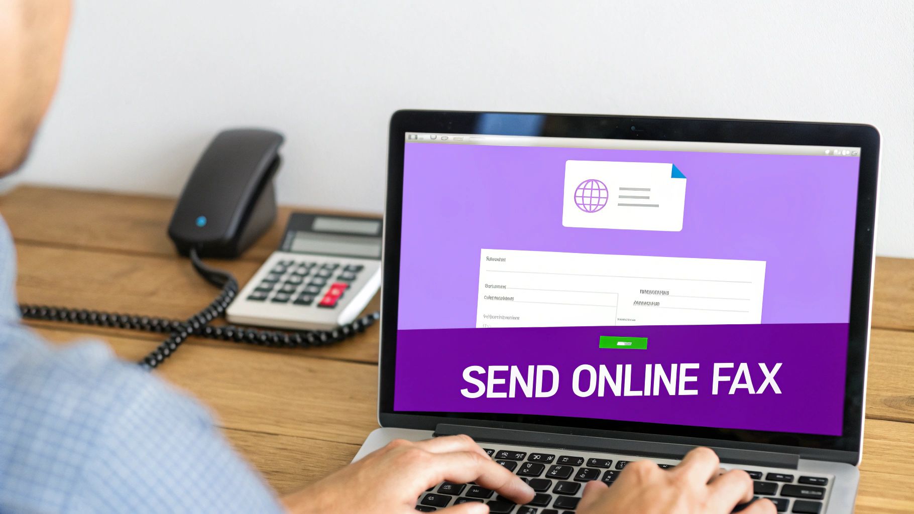 A person is typing on a laptop, displayed with 'SEND ONLINE FAX' text and a form.