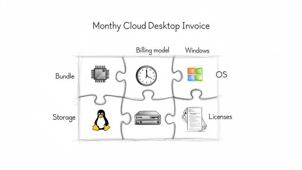 A puzzle diagram illustrating a monthly cloud desktop invoice with components like CPU, billing model, Windows OS, Linux, storage, and licenses.
