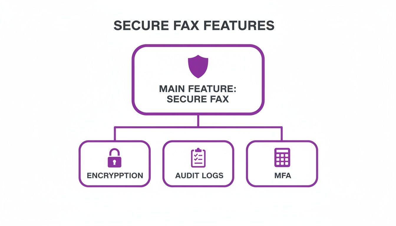 A diagram outlining Secure Fax features: Main Feature is Secure Fax, supported by Encryption, Audit Logs, and MFA.