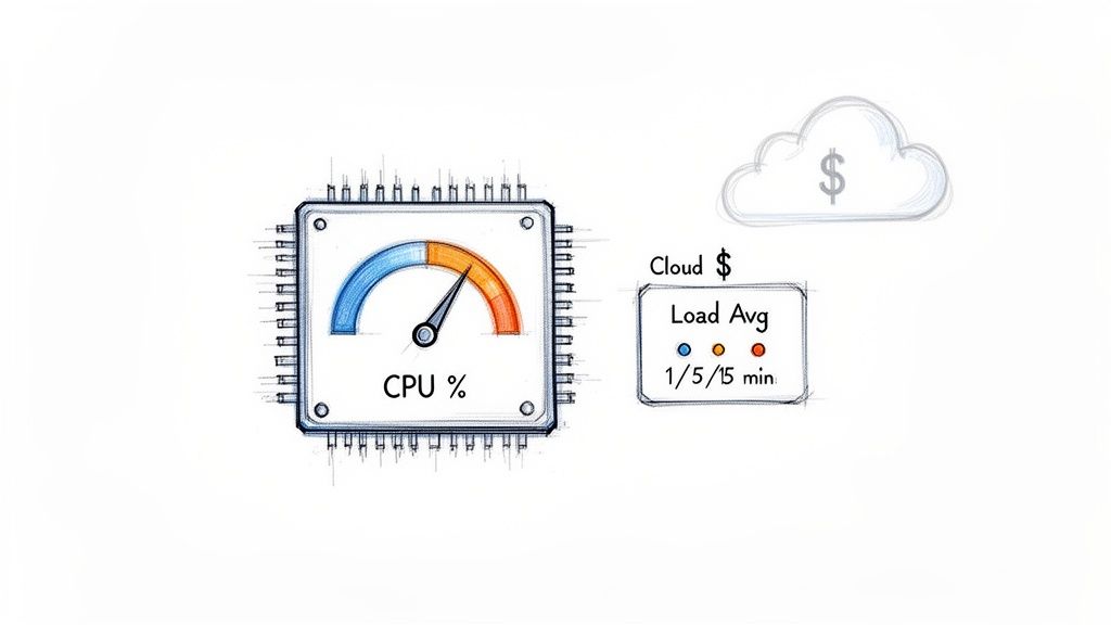 Hand-drawn illustration of a CPU utilization gauge showing high usage, load averages, and cloud costs.