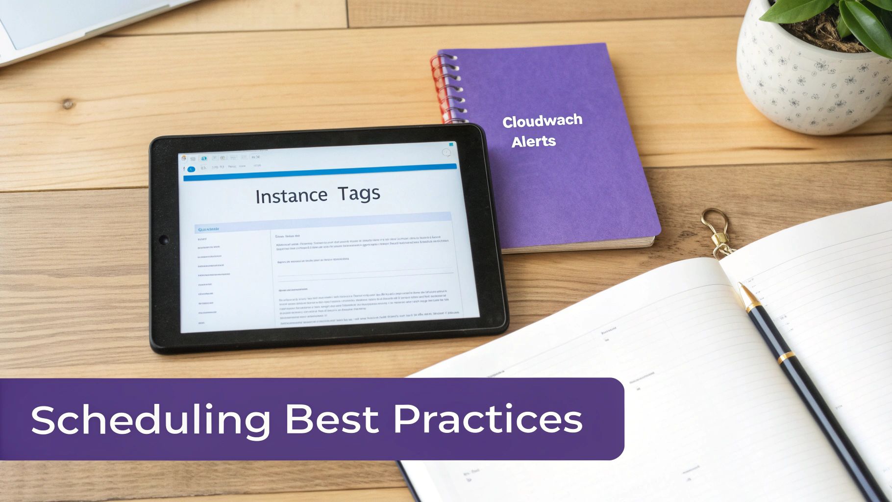 Desk flat lay with tablet showing 'Instance Tags', notebook with 'Cloudwatch Alerts', and 'Scheduling Best Practices'.