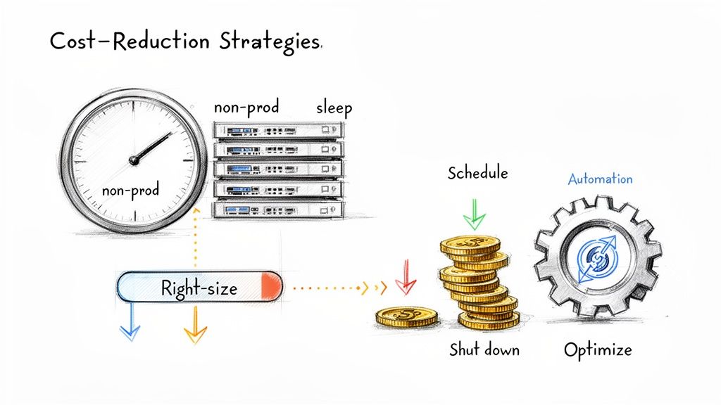 Diagram illustrating cost reduction strategies: non-prod sleep, right-sizing, scheduling, shut down, and automation for optimization.
