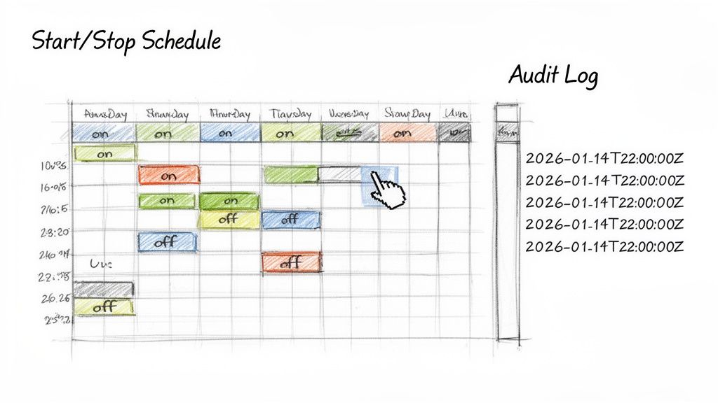 A hand-drawn schedule grid showing ></p>
<p>When you're automating actions that touch your infrastructure and your cloud bill, you need to know exactly what’s going on. Accountability is non-negotiable. A good platform uses standardized UTC timestamps to track every single automated action. This creates a crystal-clear history for debugging, security reviews, or compliance checks. If a server didn't shut down when you expected, the audit log is the first place you’ll look. The log gives you the full story for every event—the exact time, the action taken, the server it affected, and the result. It becomes the undeniable source of truth for everything your automation is doing.</p>
<h2 id=