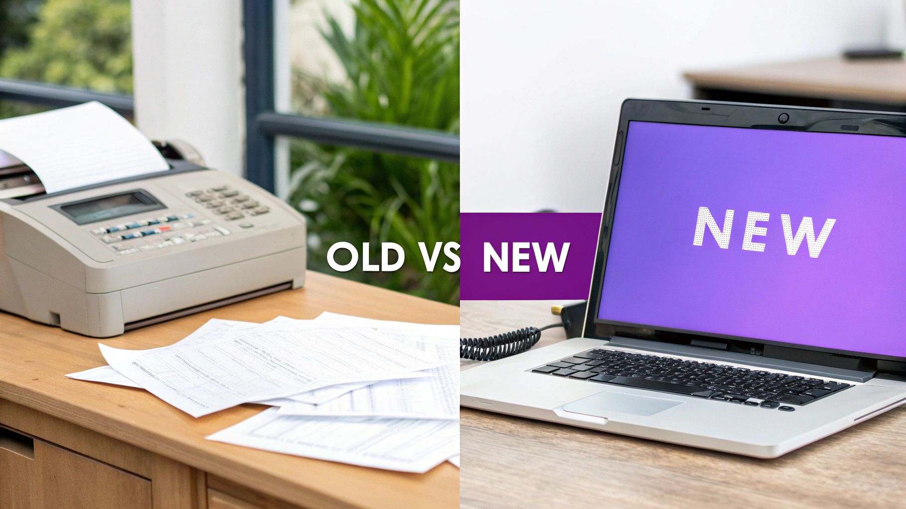 A split image comparing an old fax machine with papers to a new laptop displaying the word 'NEW'.