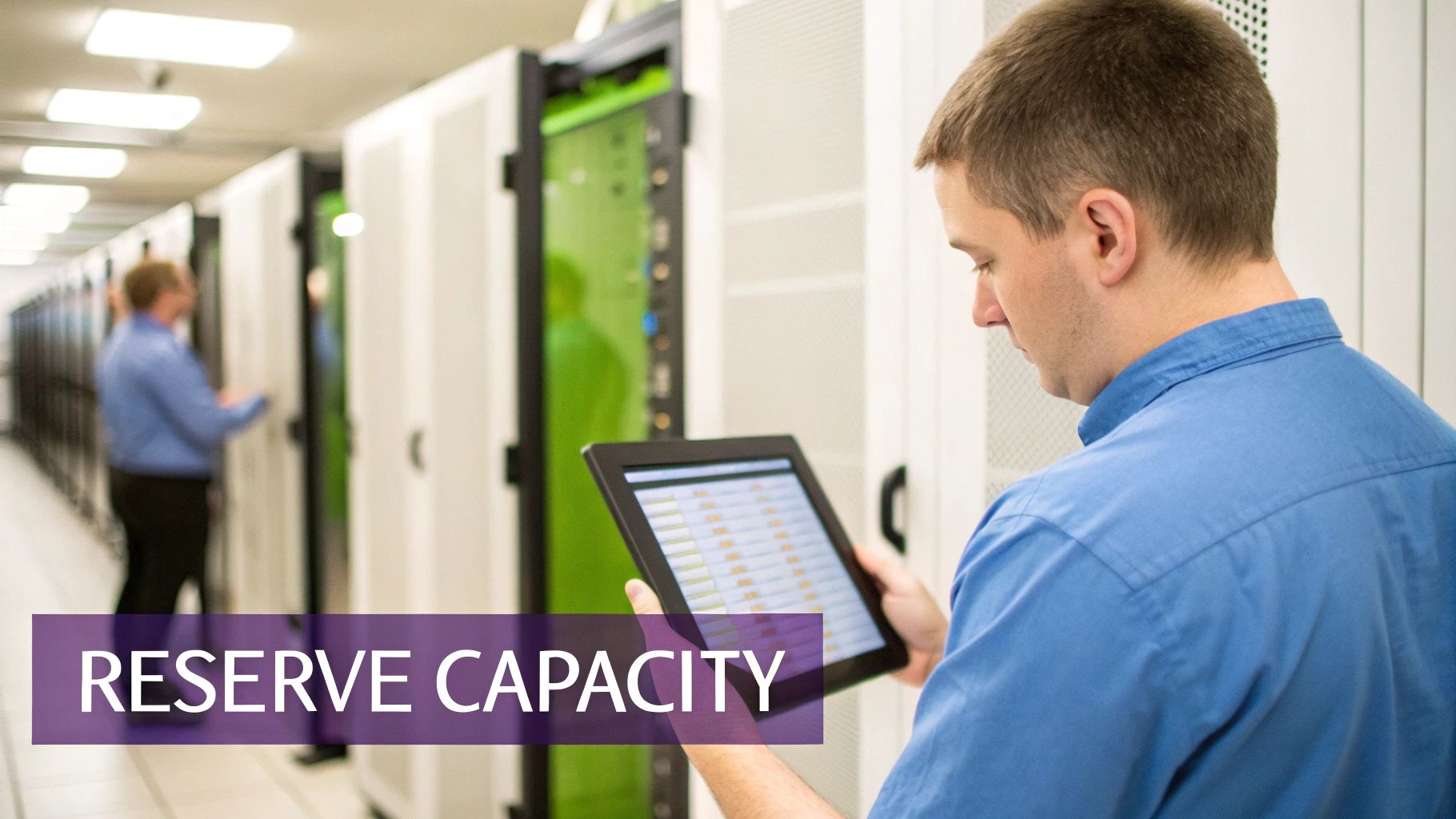 A man in a blue shirt uses a tablet to monitor server racks in a data center.