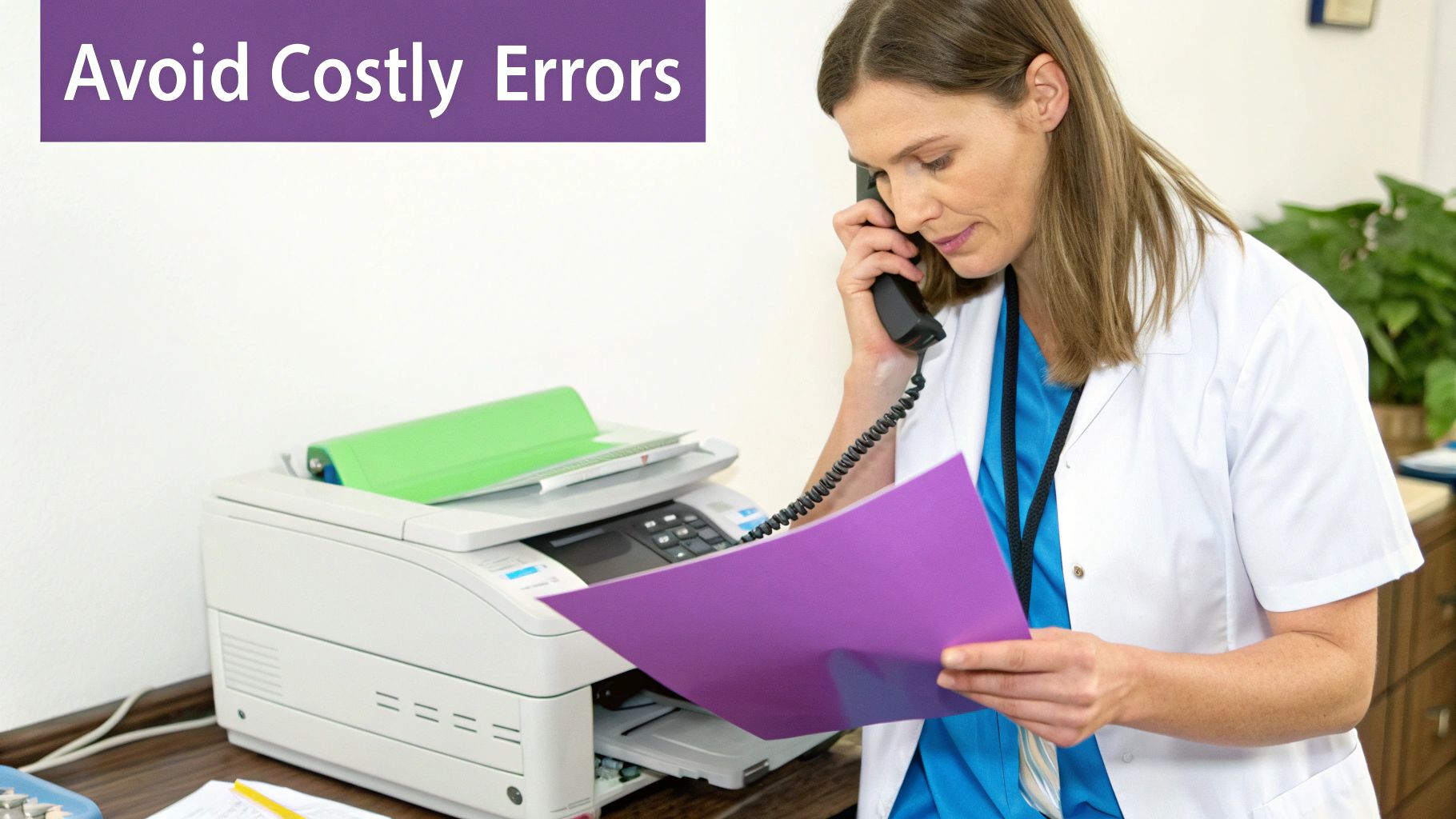 A healthcare professional securely sending faxes online from their desk