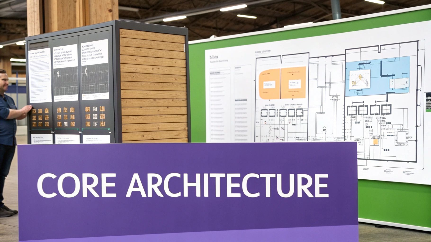 Core Architecture exhibition display showing building blueprints and wooden material samples at trade show