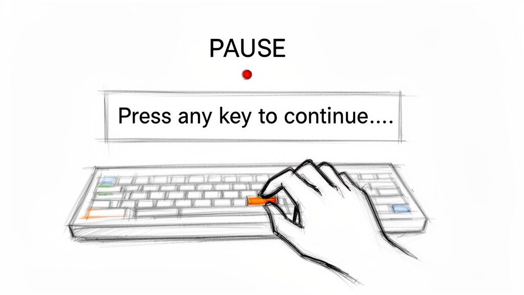 A sketch drawing of a PAUSE screen with a hand pressing a keyboard key to continue.