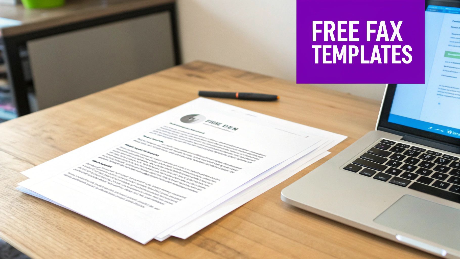 A person working on a laptop with a fax cover sheet template on the screen.